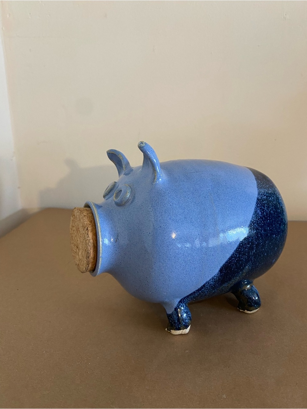 Vintage 1970s Blue ceramic pig piggy bank w/ large cork, Handmade Folk kitsch